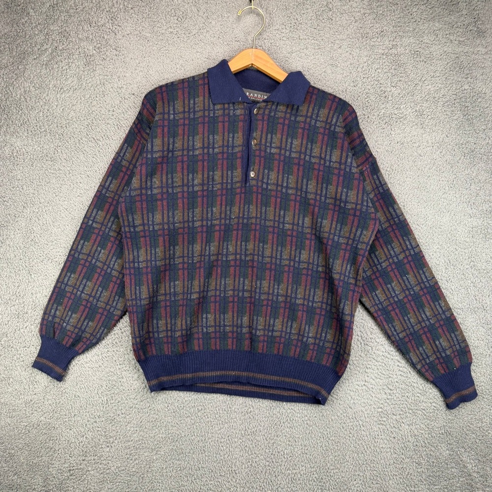 Brandini Le Collezioni Mens Medium Blue Plaid Wool Blend Polo Sweater Italy